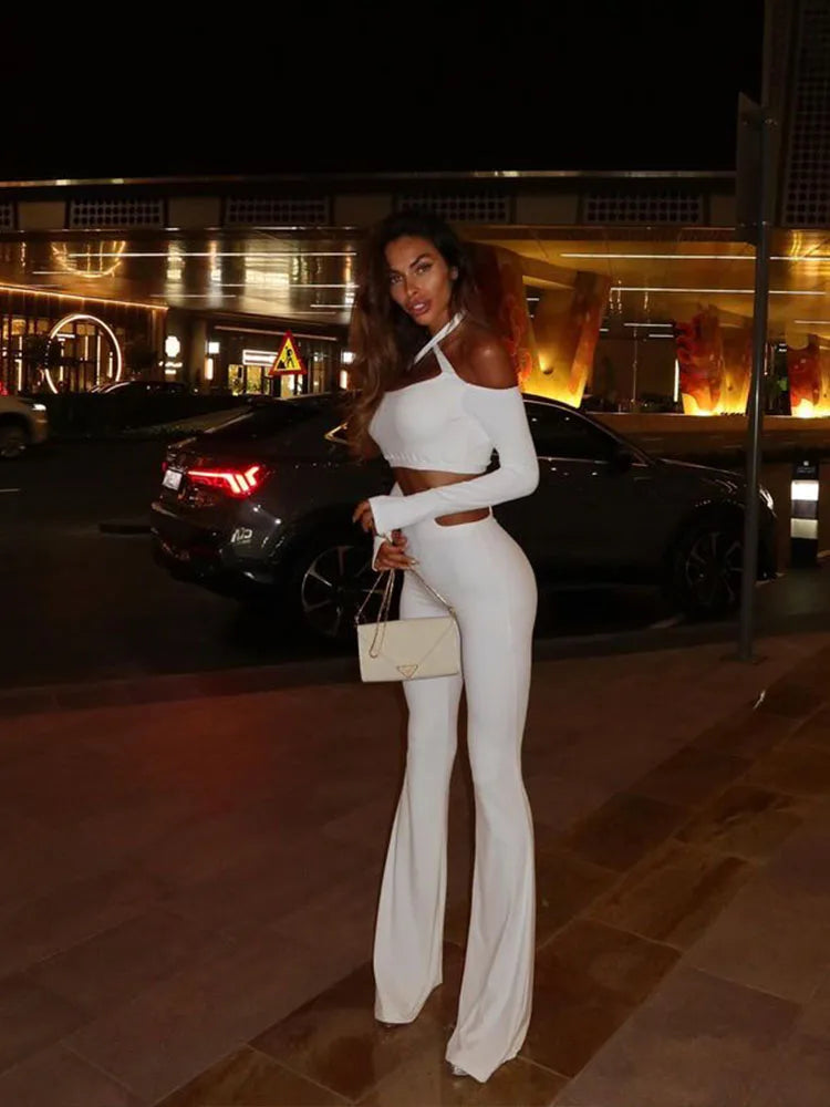 Long Sleeves Slash Neck (Tops+Pants) Hollow Out Skinny Set