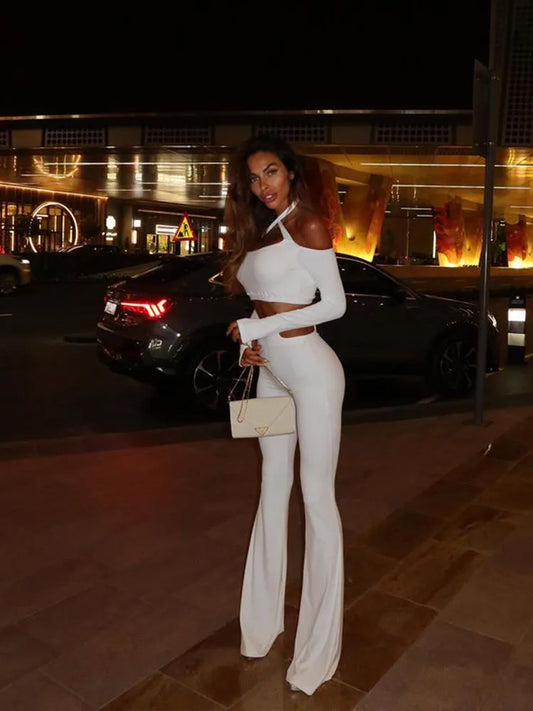 Long Sleeves Slash Neck (Tops+Pants) Hollow Out Skinny Set