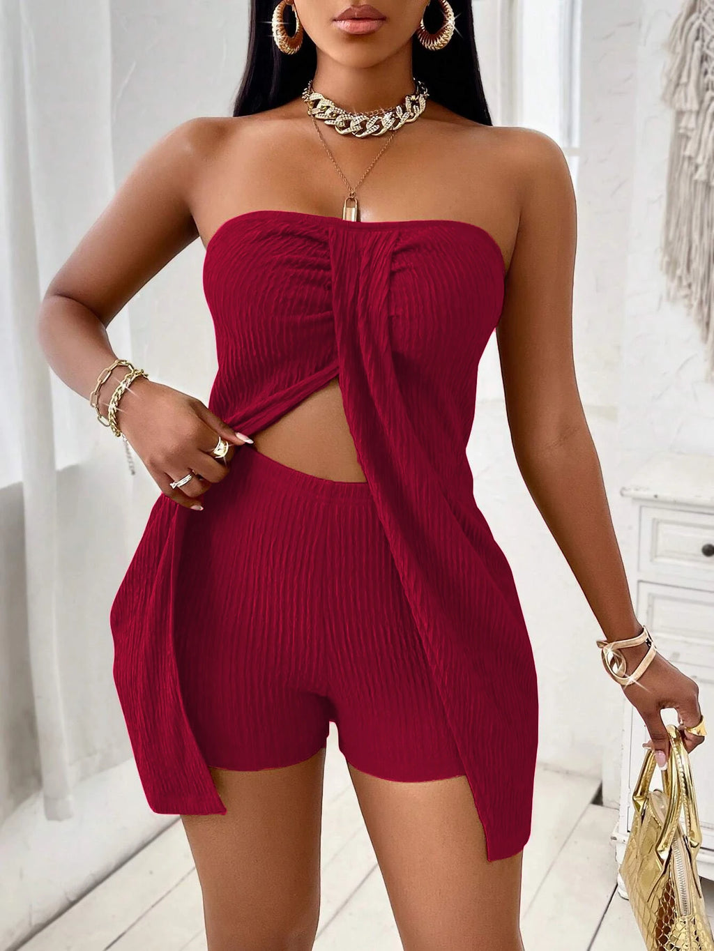 High-Rise Side Slit Shorts Co-Ord Set Adjustable Straps & Slimming Casual Style