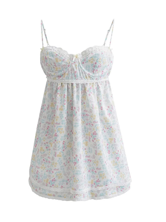 YENKYE Lace Trim Floral Print Sling Dress
