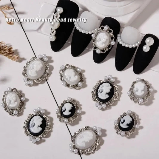 10Pcs Retro Baroque Gril Nail Art Charm 3D Emboss Black White Girl Head Nail Decoration Gold/Silver Metal Edging Nail Jewelry &*