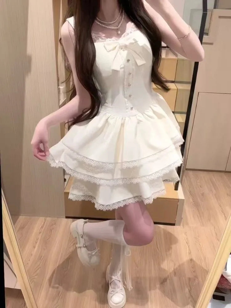 ZHUOLIN Sweet Bow Patchwork Solid Dress