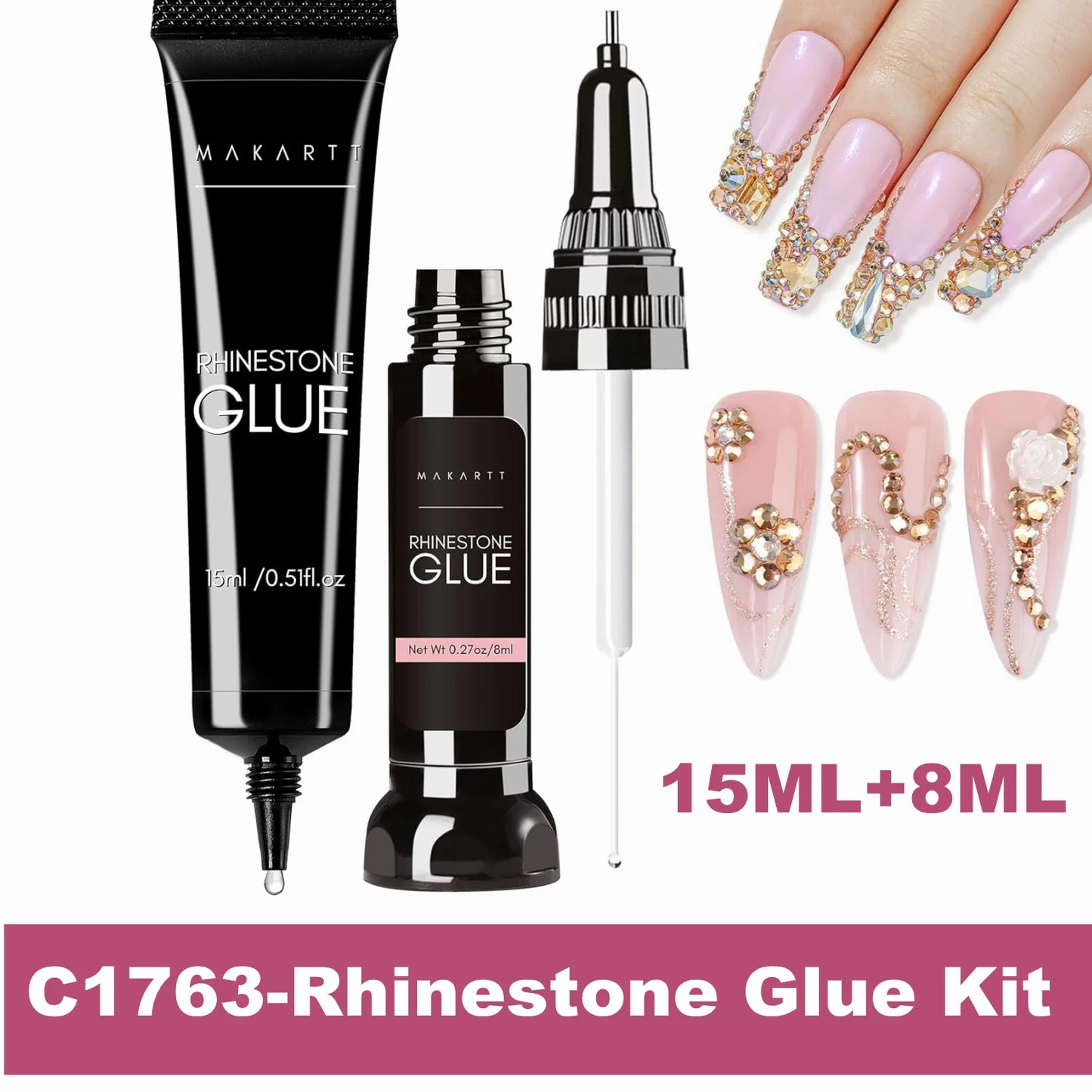 Makartt Nail Rhinestone Glue Gel Kit,  Clear Nail Gem Glue Gel Super Strong Adhesive Nail Art Glue for Nail Decorations 3D Stone