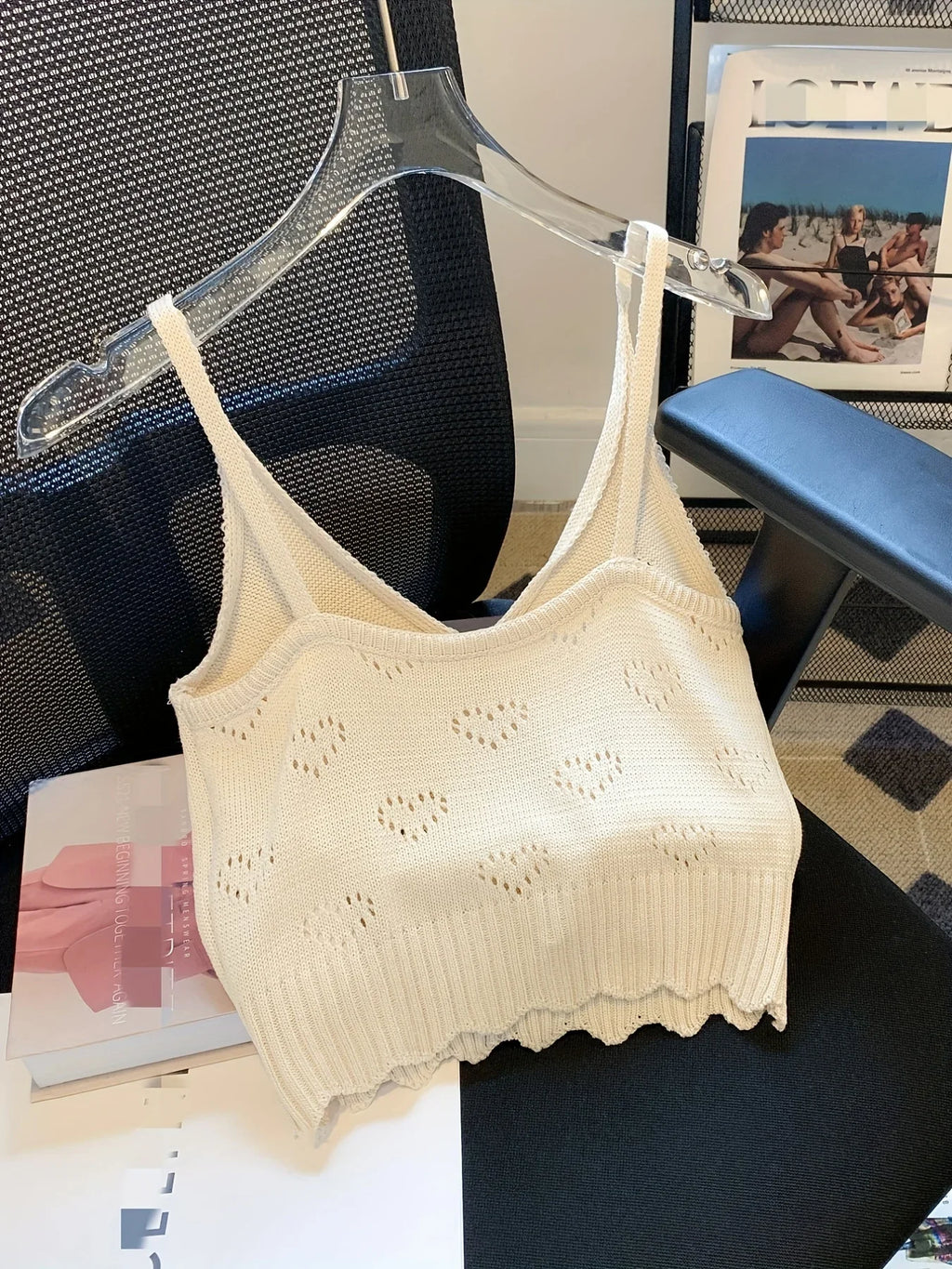 Solid V-Neck Eyelet Spaghetti Top