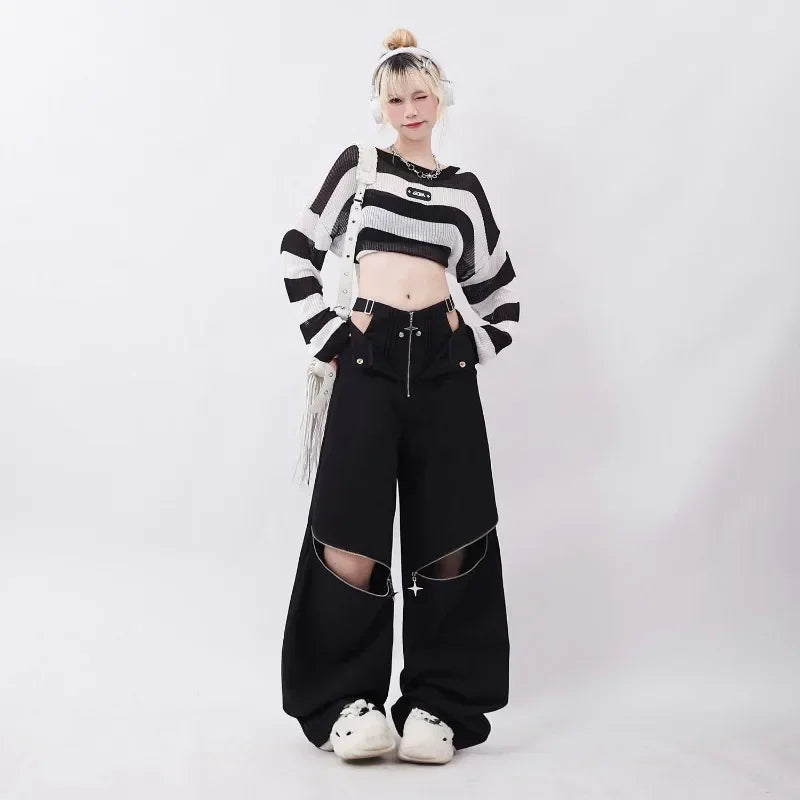 Star-Zipper Wide-Leg Pants