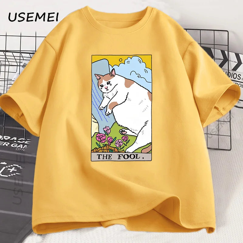 悲しい猫のミーム ザ・フール タロット Tシャツ メンズ レディース 魔女風ファッション 泣いている猫 Tシャツ カジュアル オーバーサイズ Tシャツ ストリートウェア