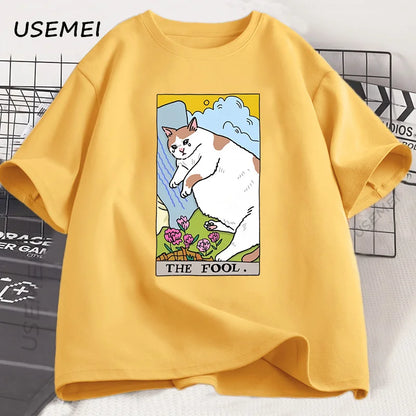 悲しい猫のミーム ザ・フール タロット Tシャツ メンズ レディース 魔女風ファッション 泣いている猫 Tシャツ カジュアル オーバーサイズ Tシャツ ストリートウェア