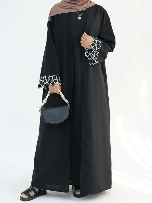 Elegant Black Open Abaya for Muslim Ladies Middle East Delicate Flower Cuff Embroidery Comfortable Outwear Clothes Eid Robes