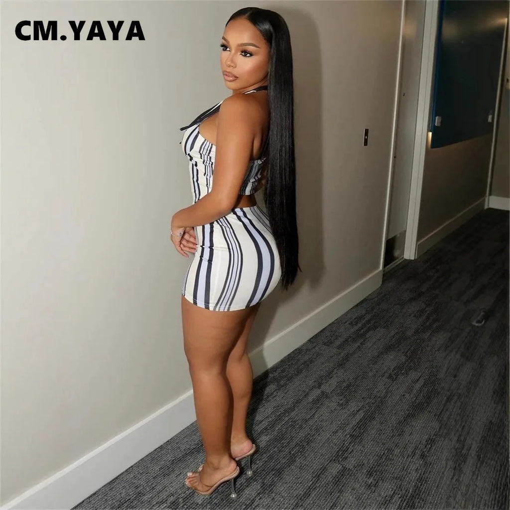 CM.YAYA Mini Skirt and Sleeveless Striped Top Set