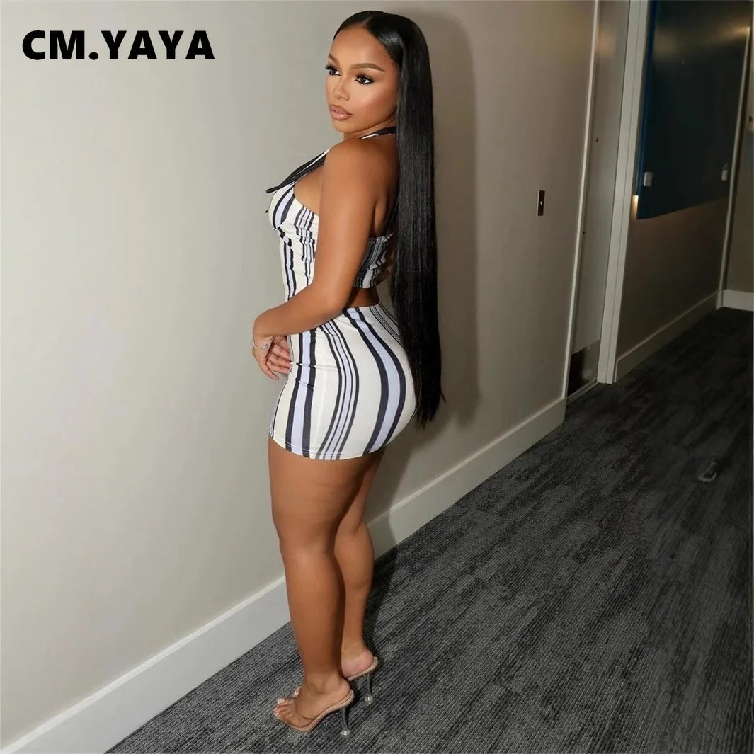 CM.YAYA Mini Skirt and Sleeveless Striped Top Set