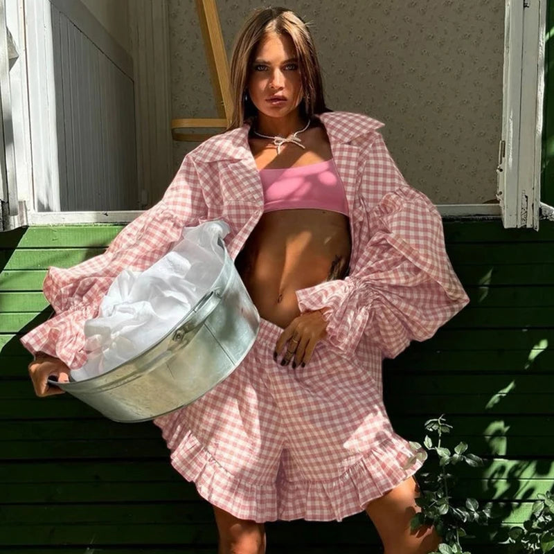 Women Elegant Two Piece Set Stripe Loose Shirt with High Waist Ruffled Shorts Spring Summer Casual Outfit Female Fashion