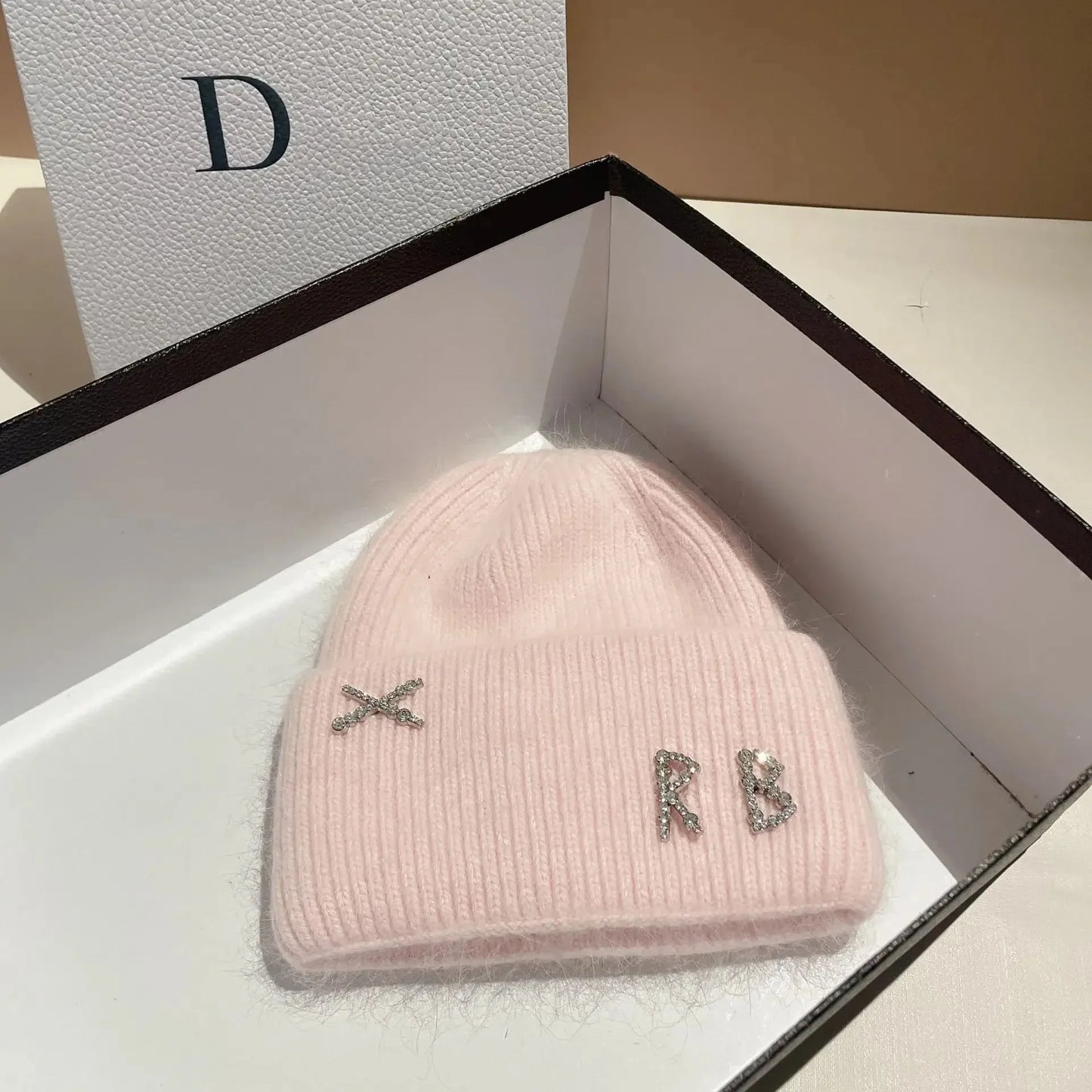 Real Rabbit Fur Diamonds Letter Beanie