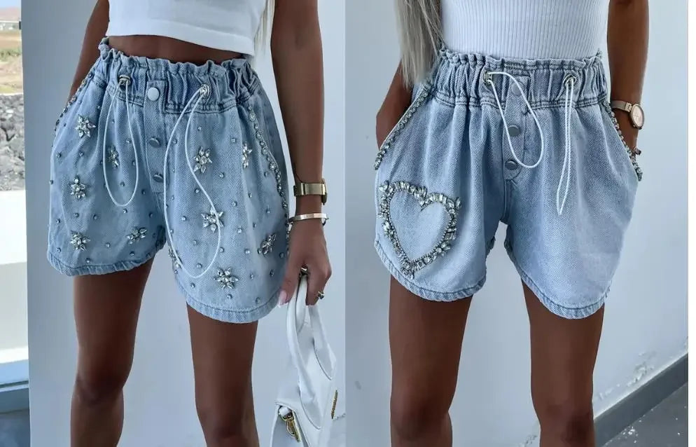 Rhinestone Heart Pattern Drawstring Shorts