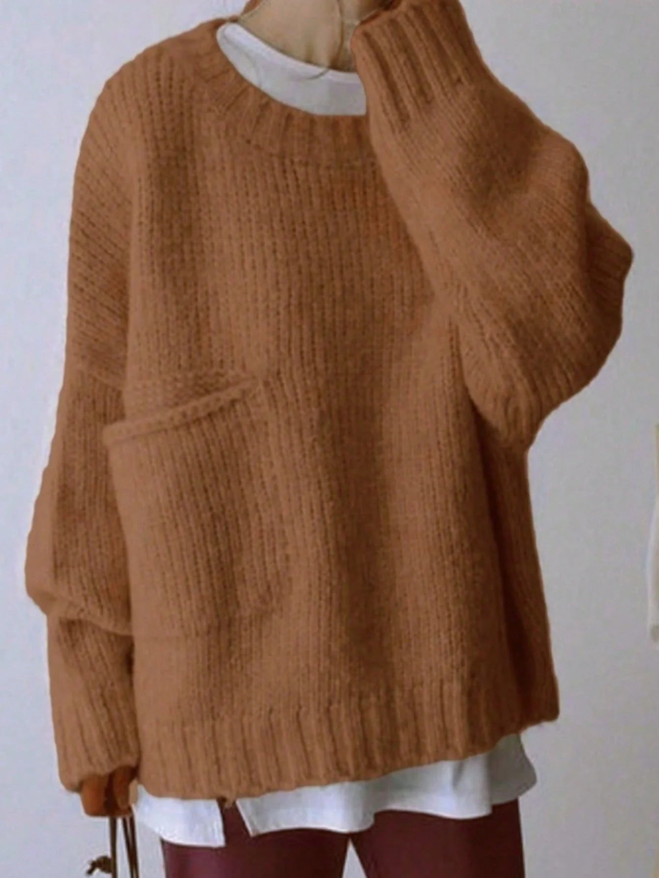 Crew Neck Long Sleeve Pullover Sweater with Side Pockets