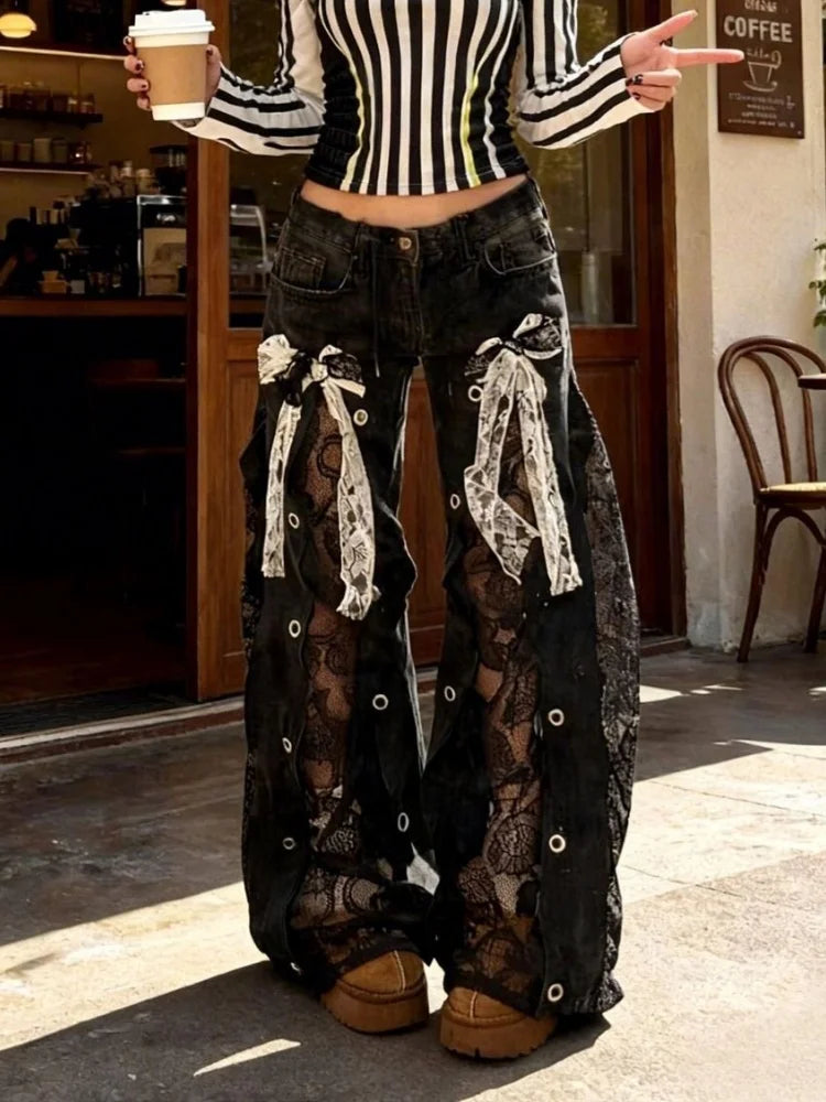 Lace Hollow Out Baggy Low Rise Jeans