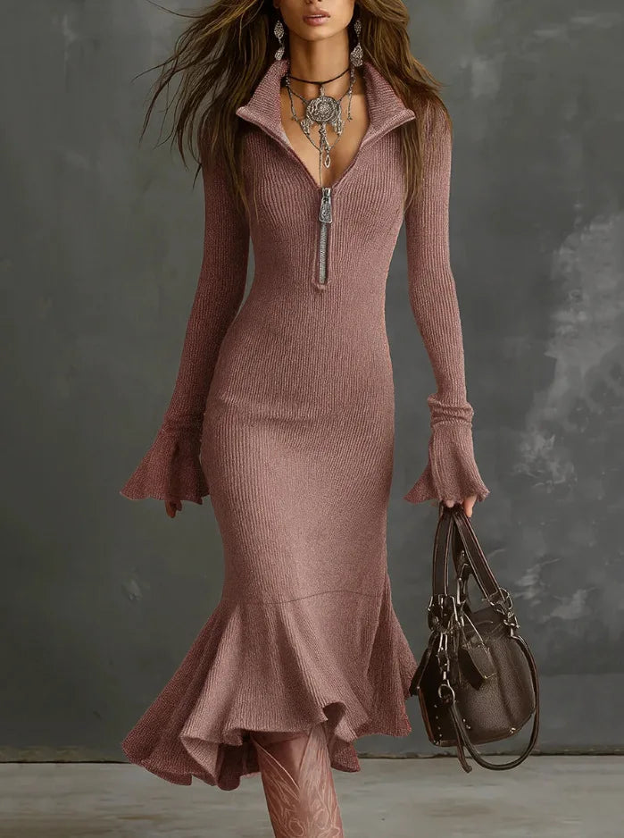 Slim Solid Color Turn-down Collar Long Sleeve Knitted Dress