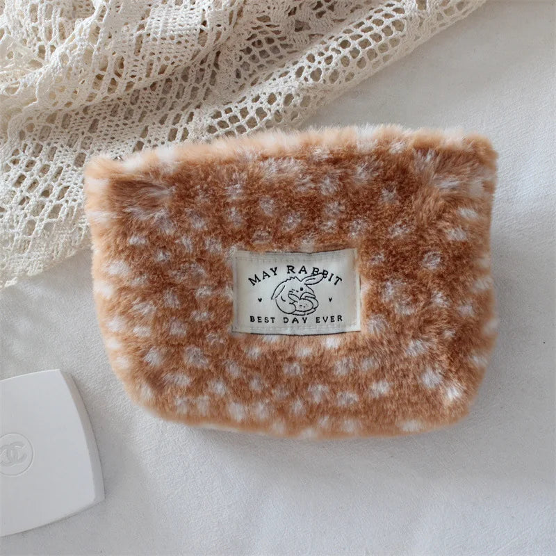 New Deer Patterned Plush Coin Purse Large Capacity Makeup Bag Travel Organizer Lipstick Case Pencil Case Sanitary Pad Pouch
