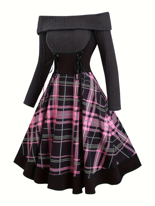 Off-Shoulder Cable Knit and Plaid Corset Dress