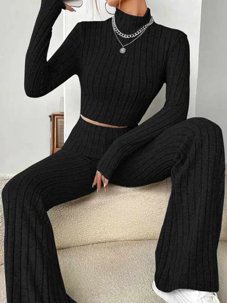 Solid ColorElegant Round Neck Tops Loose Pants Set