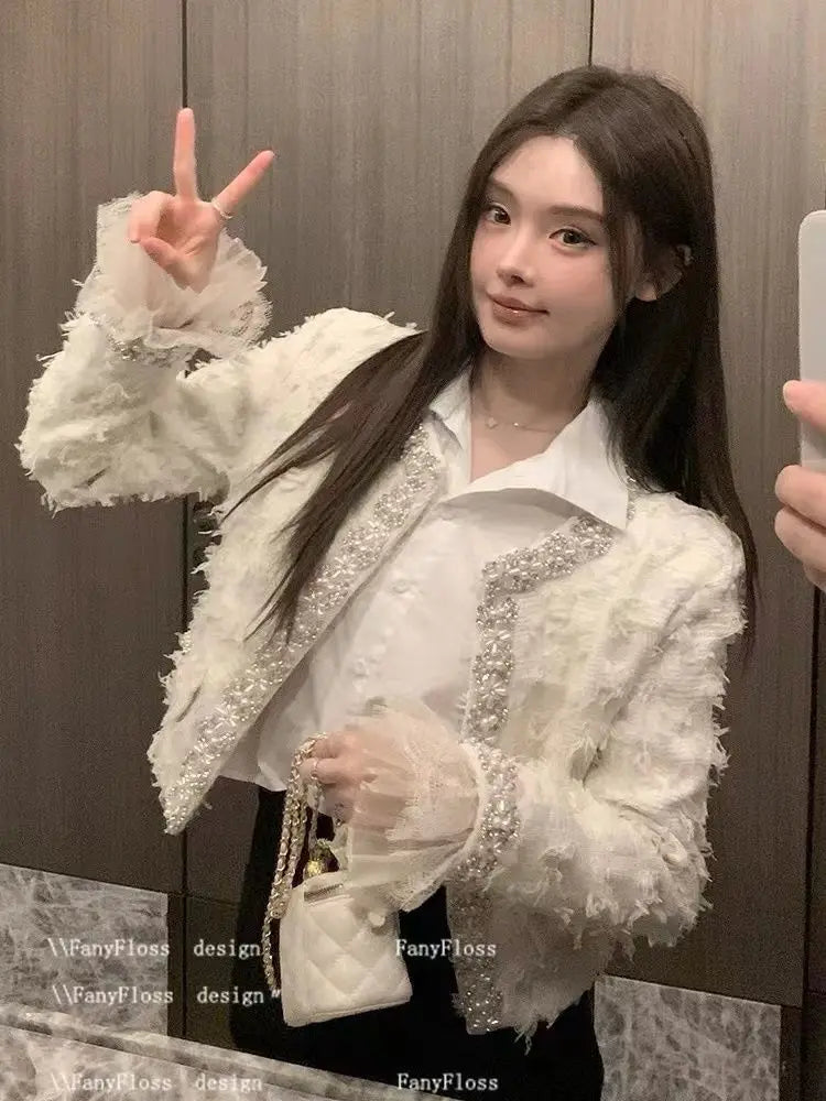 Pearl-Embellished Textured Tweed Crop Jacket