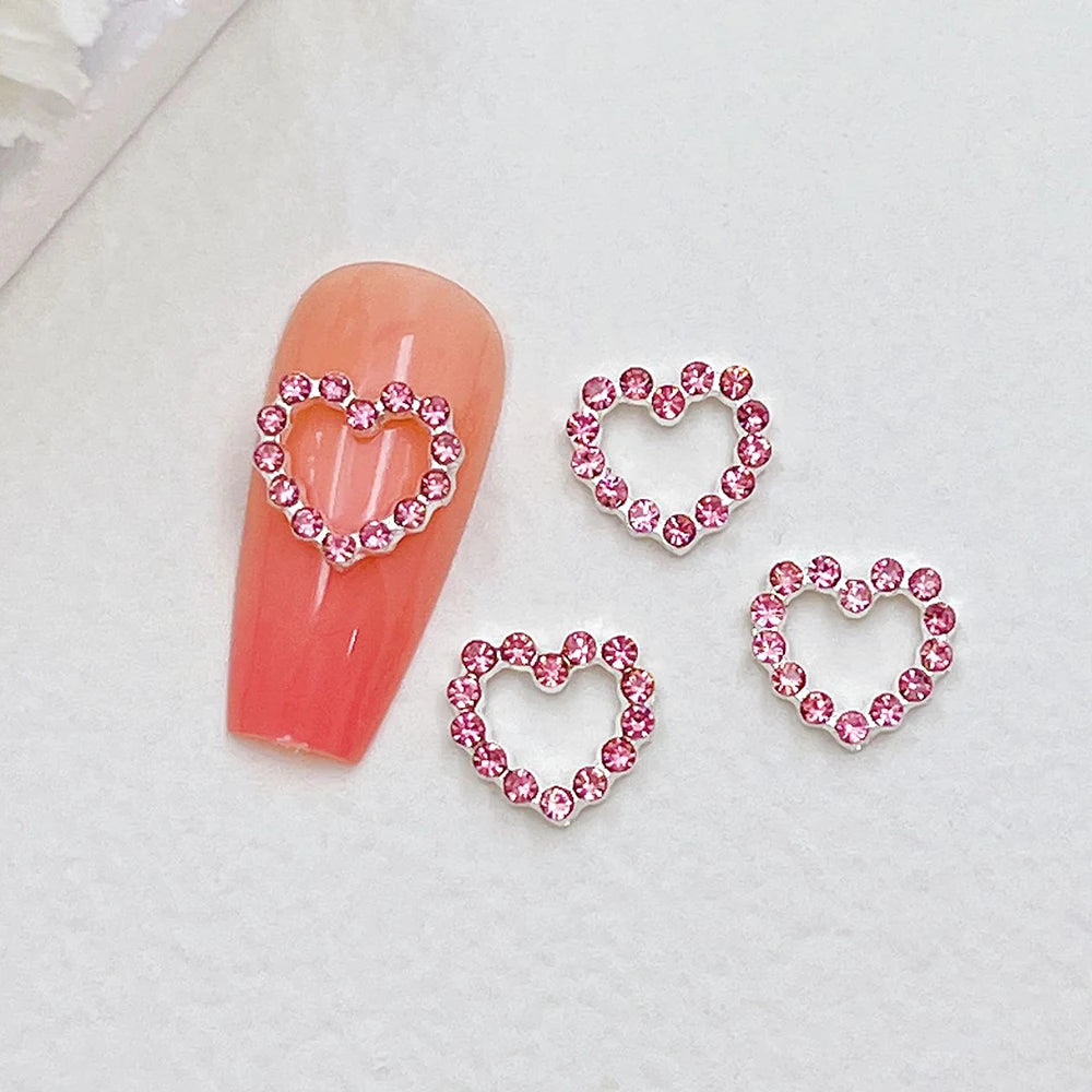 10pcs Metal Heart Nail Charms Red Pink Silver Diamond Nail Parts for Manicure Decoration Accessories Hollow Out Love Charms