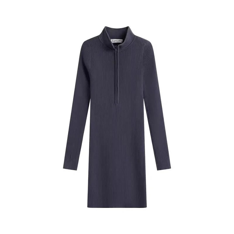 Solid Zipper Deep V-Neck Dress