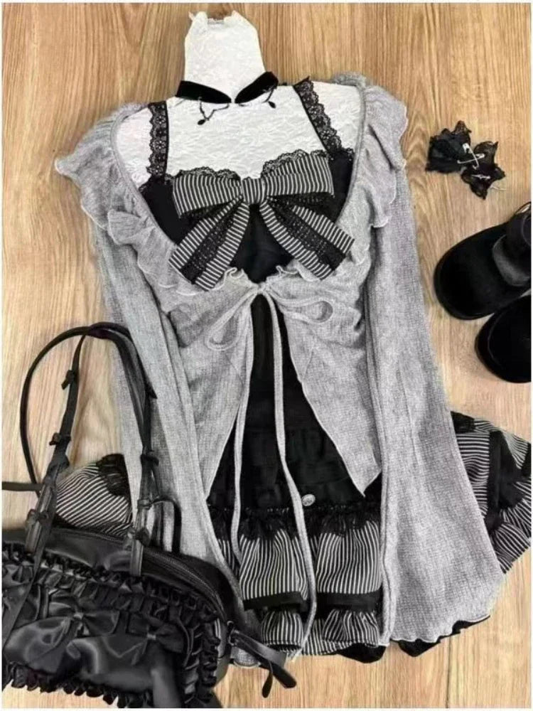 Lace Up Ruffles Cardigan Slim Fit Strapless Vest High Waist Ruched Skirt Set