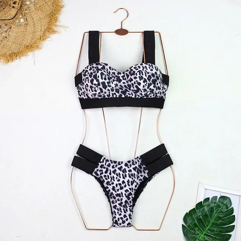 Push Up Leopard Block Color Patchwork Double Bandages High Waist Bikini