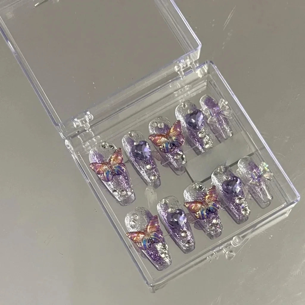10 Pieces Purple Fantasy Butterfly Fake Nails Heart Diamond Sparkling Nail Art Patch Y2K Spice Girls Handmade Wearable Nails