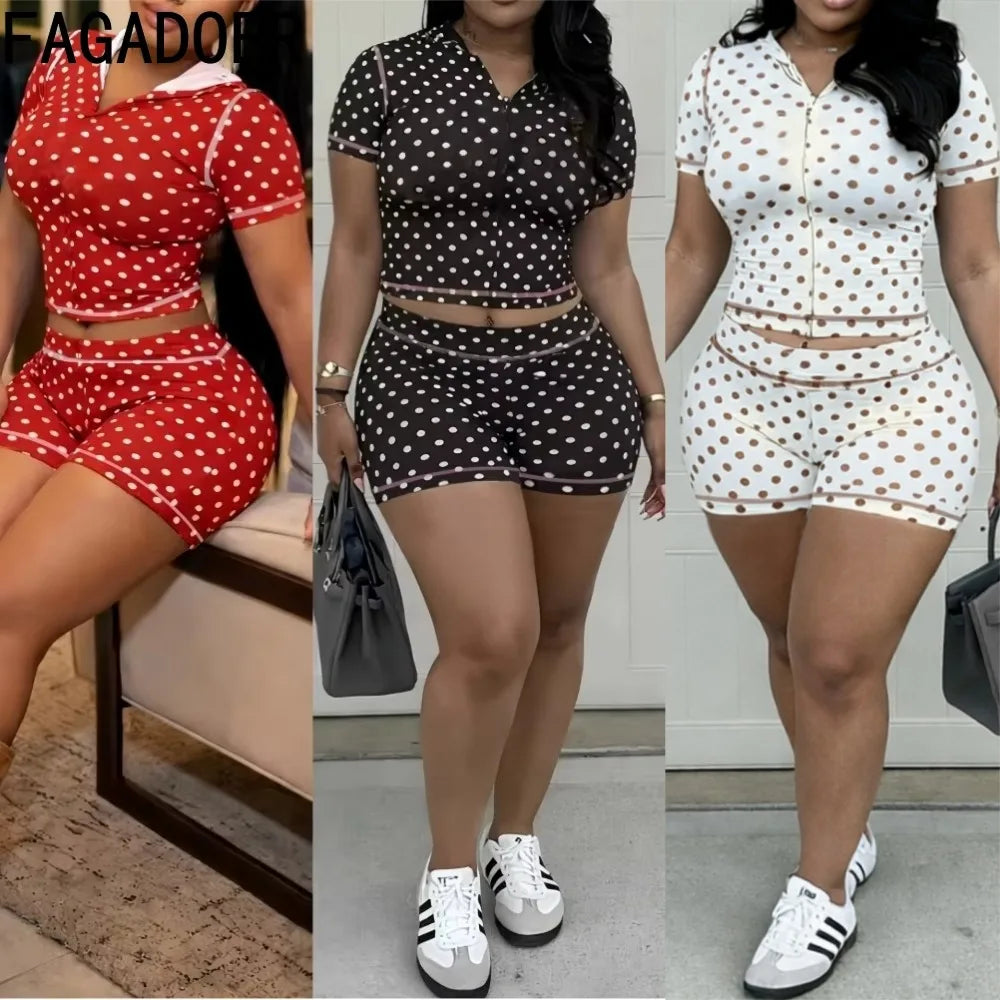 Polka Dot Print Patchwork Short Sleeve Top and Shorts Set