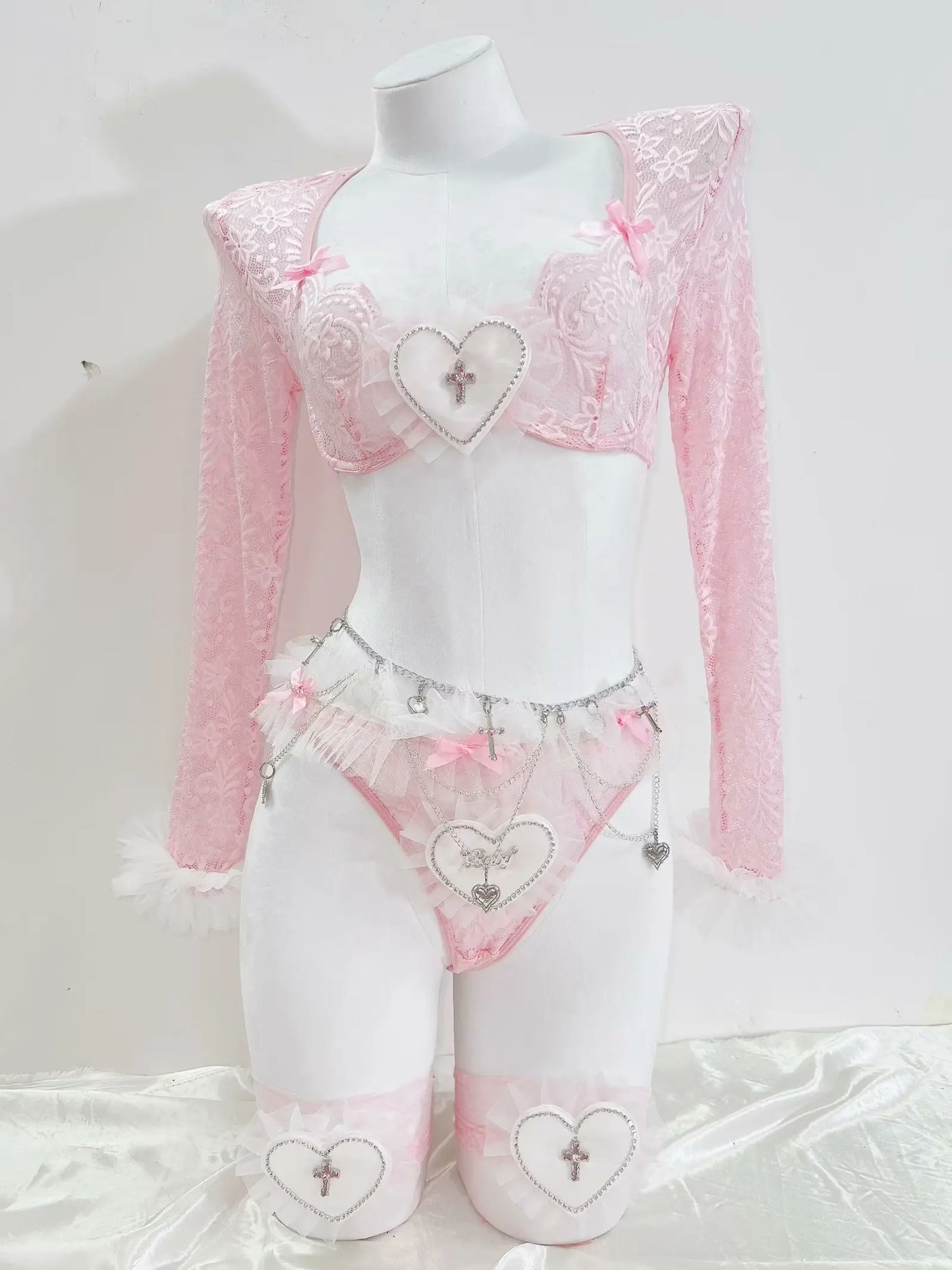 Pink Lace Heart & Cross Chain Lingerie Set