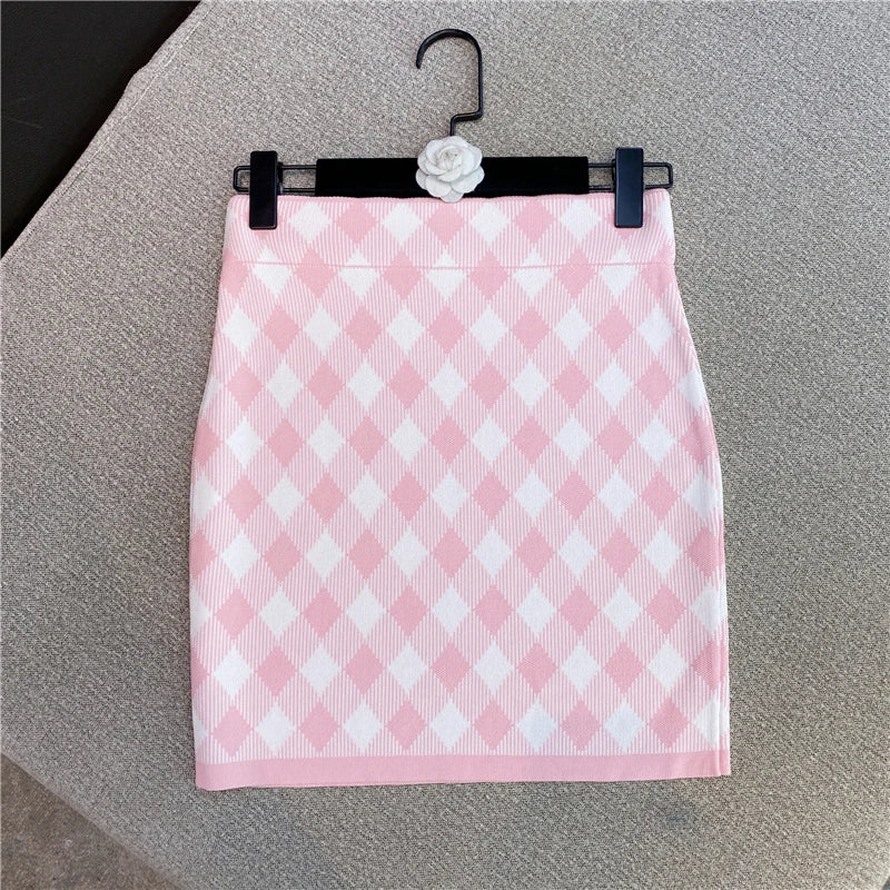 Knit Plaid Skirt 2 Piece Set