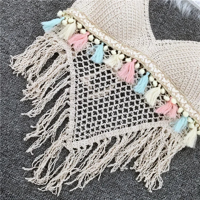 Boho Crochet Fringe Halter Crop Top