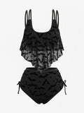Gothic Moon Star Bat Flocking Peplum Hem Lace Up Swimsuit Set