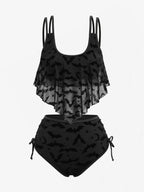 Gothic Moon Star Bat Flocking Peplum Hem Lace Up Swimsuit Set
