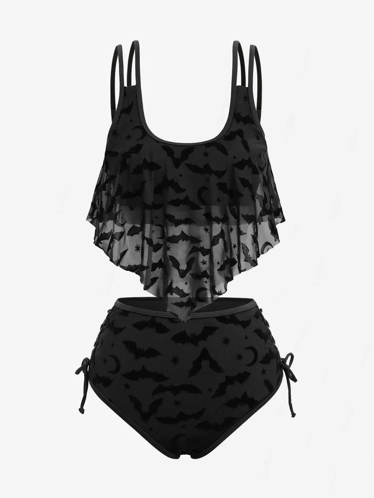 Gothic Moon Star Bat Flocking Peplum Hem Lace Up Swimsuit Set