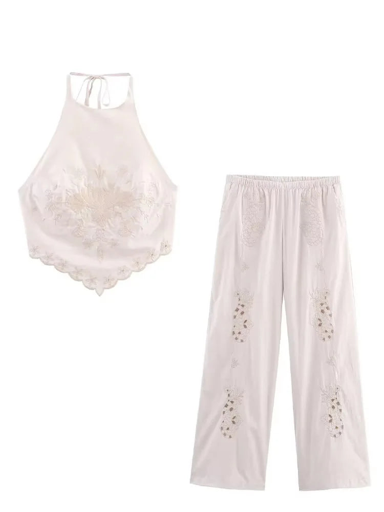 Backless Embroidery Strapless Sleeveless Poplin Top + Elastic Waist Pants