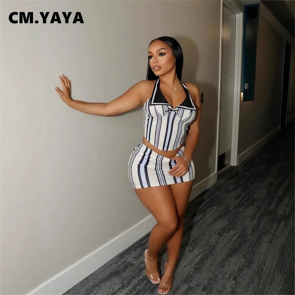 CM.YAYA Mini Skirt and Sleeveless Striped Top Set