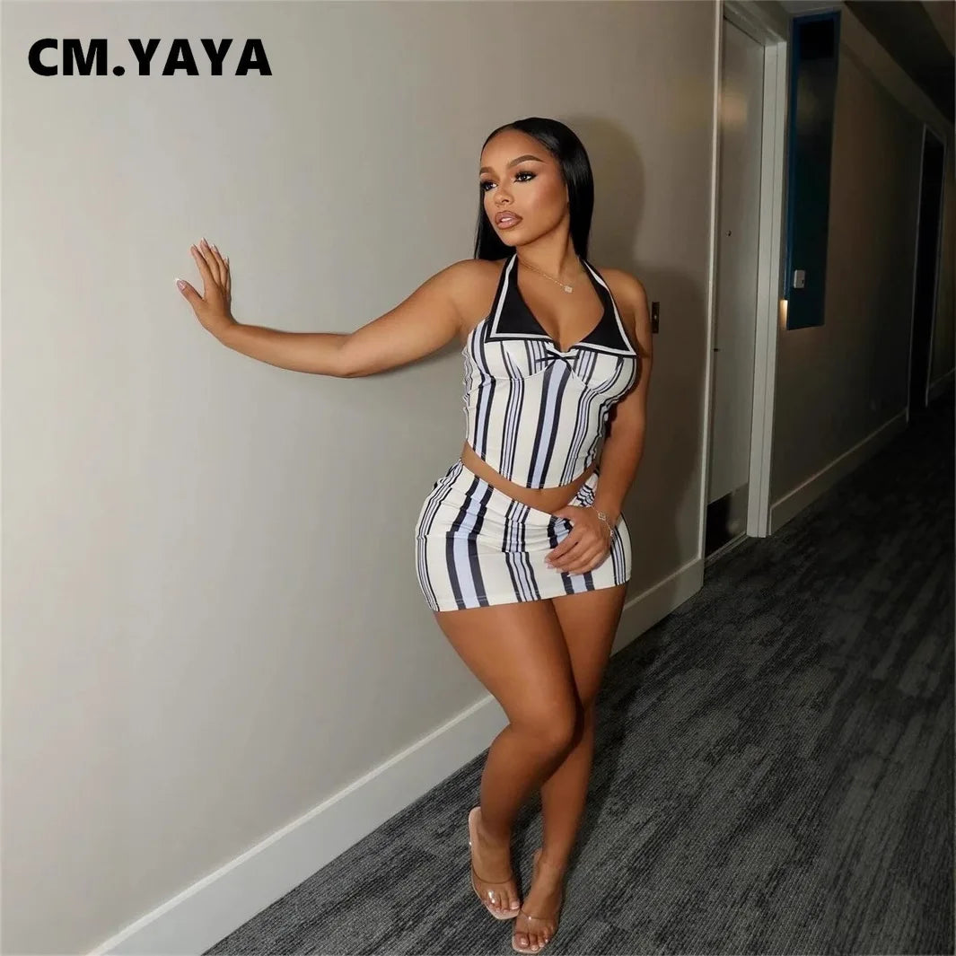 CM.YAYA Mini Skirt and Sleeveless Striped Top Set