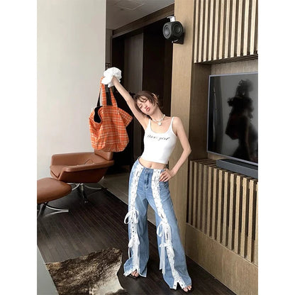 Bow Lace Patchwork Bandage Denim Pants