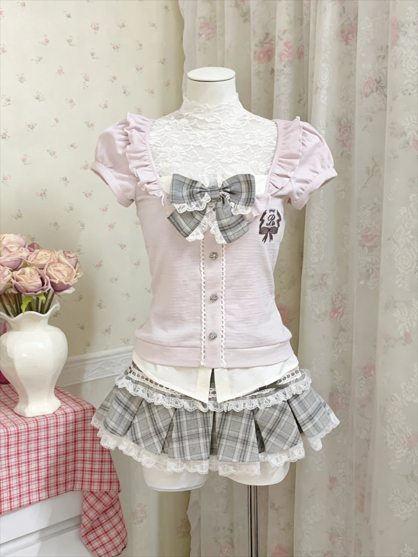 Casual Bow Top + Brown Lace Cardigan + Plaid Ruffle Skirt Set