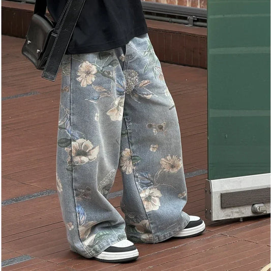 2025年 男児春夏用パンツ 新しいビッグボーイプリントストリートジーンズ ベビー韓国ストレートレッグパンツ 男の子用ベビー服