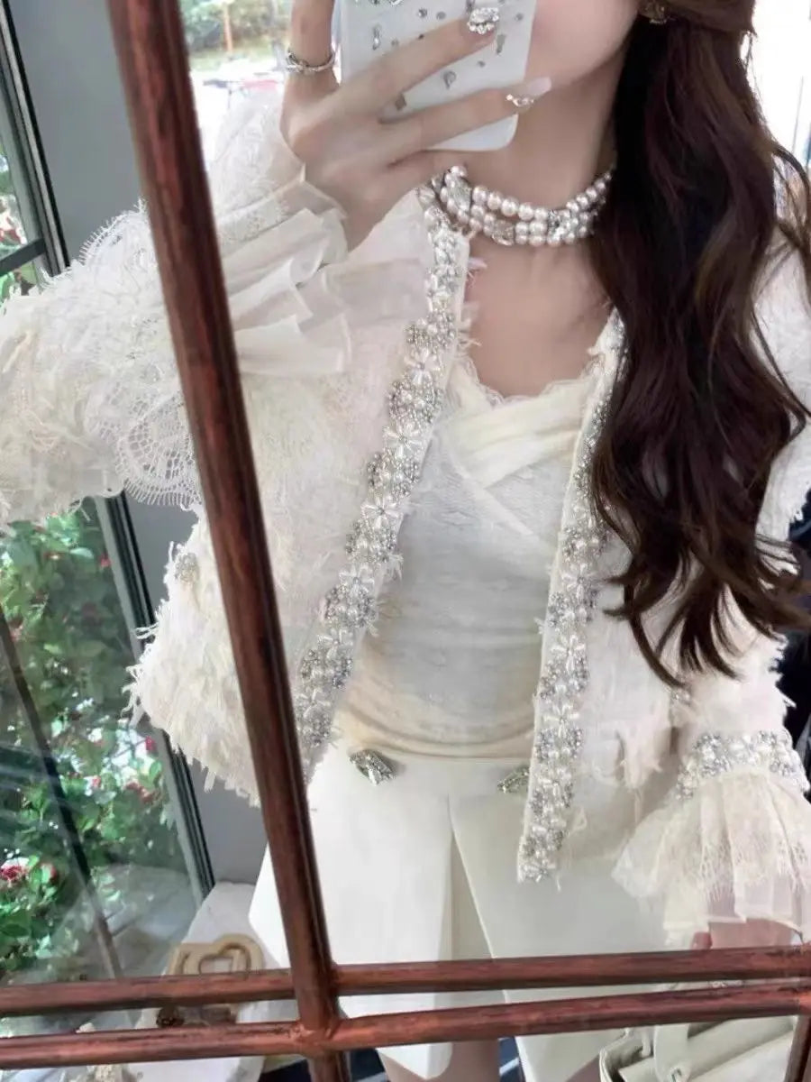 Pearl-Embellished Textured Tweed Crop Jacket