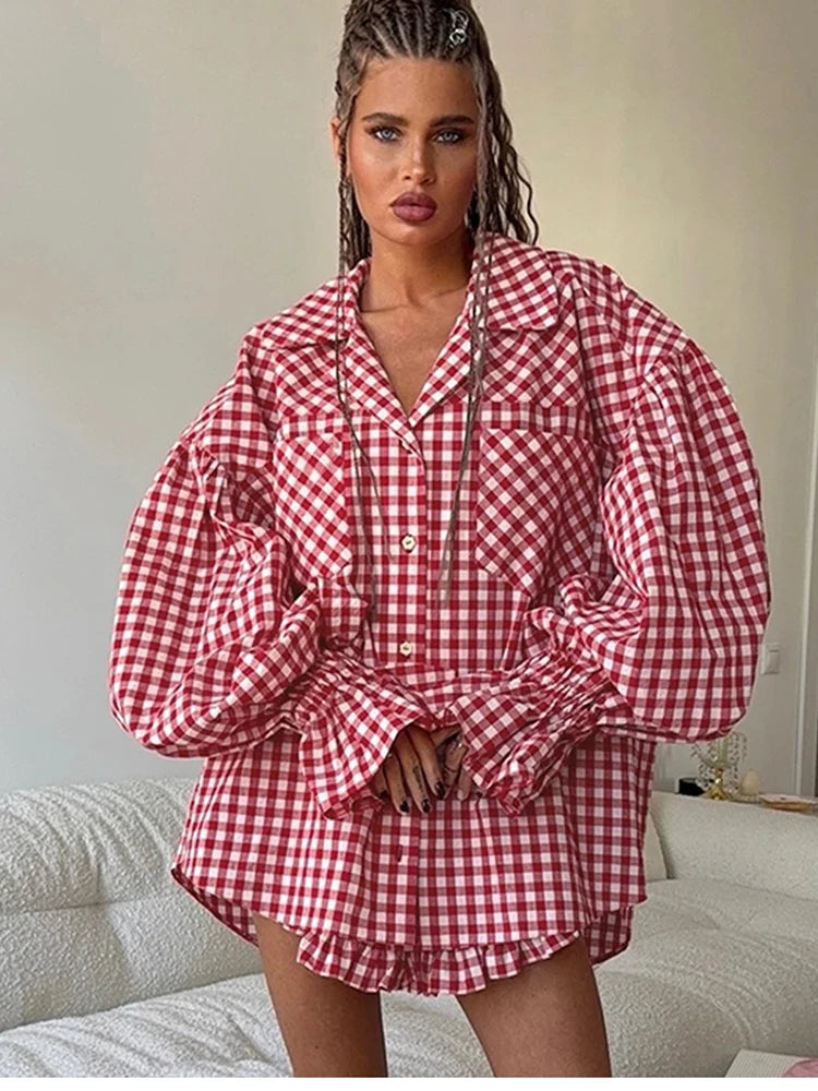 Women Elegant Two Piece Set Stripe Loose Shirt with High Waist Ruffled Shorts Spring Summer Casual Outfit Female Fashion