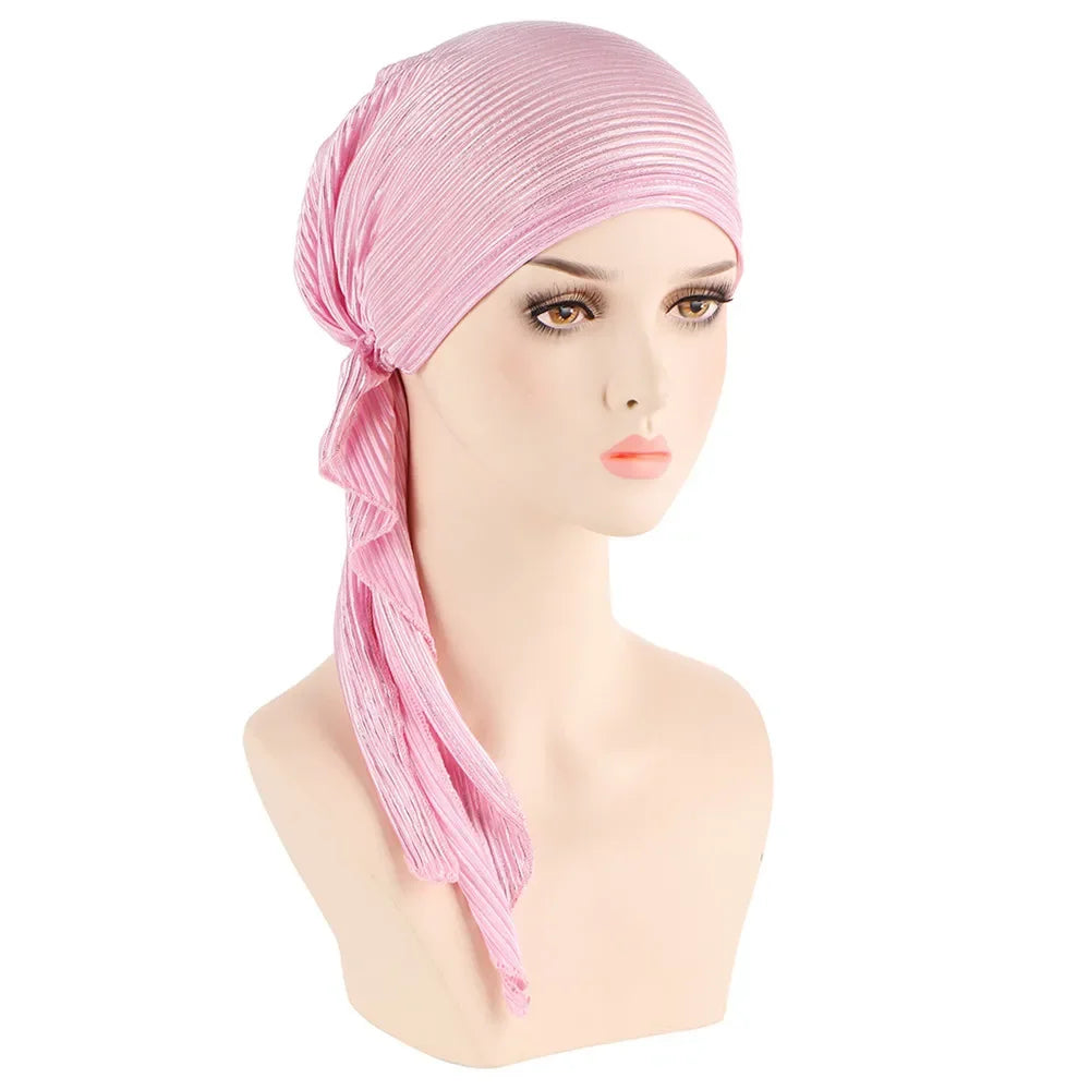 Shiny Glitter Elastic Solid Color Pre-Tied Hijabs Wrap Head Scarf Muslim Turban Bonnet for Women Inner Hat Turbantes Caps Mujer
