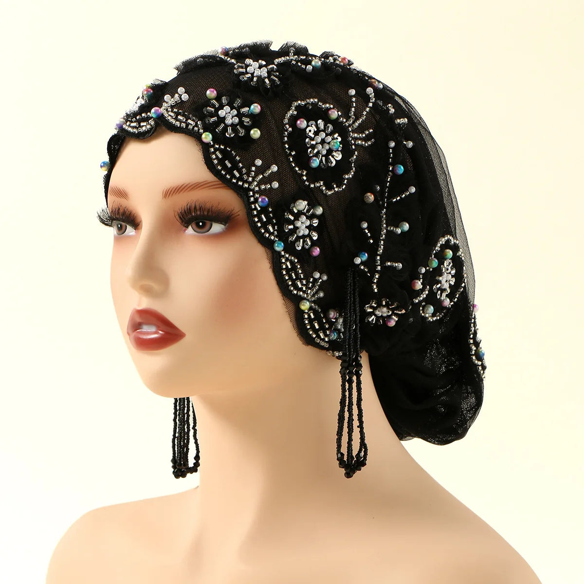 New Lace Embroidery Bonnet Turban Tassel Beaded Hat Women Muslim Hijab Beanies Islam Wedding Headscarf Party Wrap Turbante Mujer