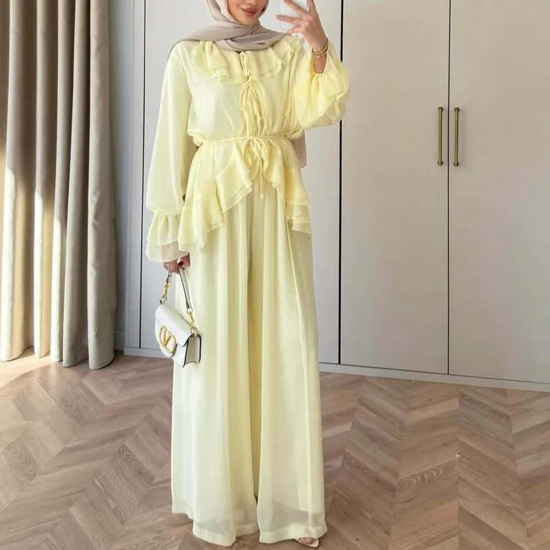 Women Top Wide Leg Pants 2 Piece Set Ramadan Eid Muslim Blouse Trousers Arabic Outfits Morocco Lace Up Dubai Islam Ensemble