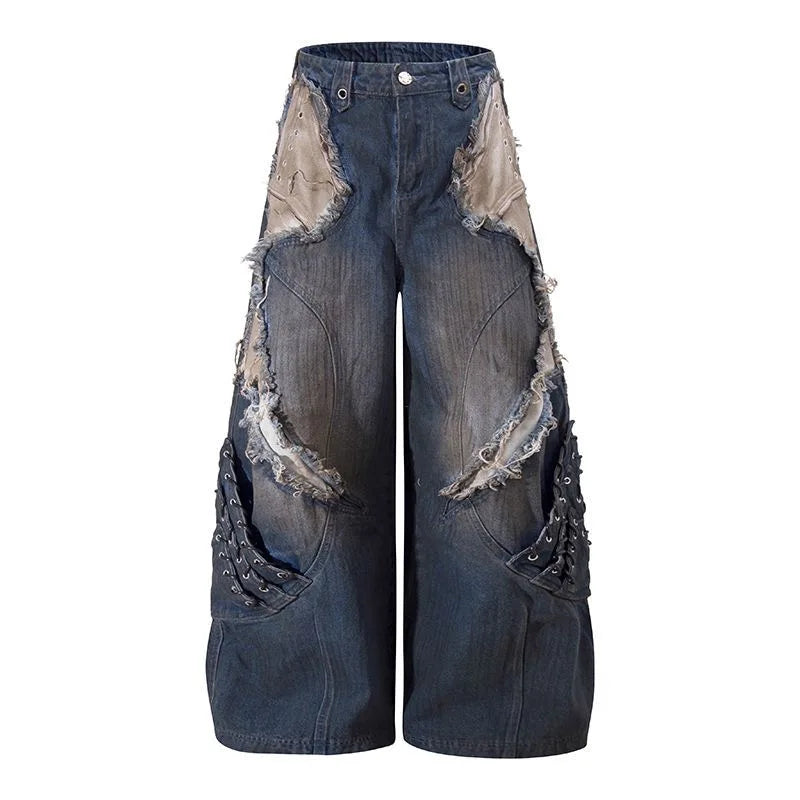 Washed Patchwork Baggy Ripped Jeans