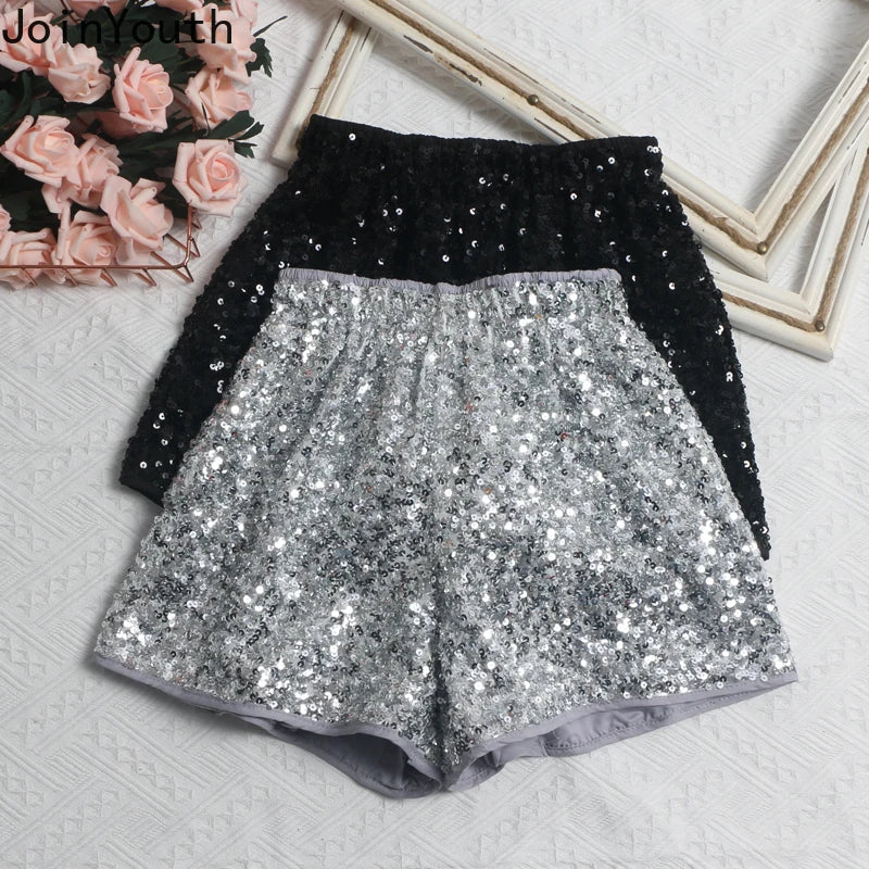 Sequin Elastic Waist A-line Shorts