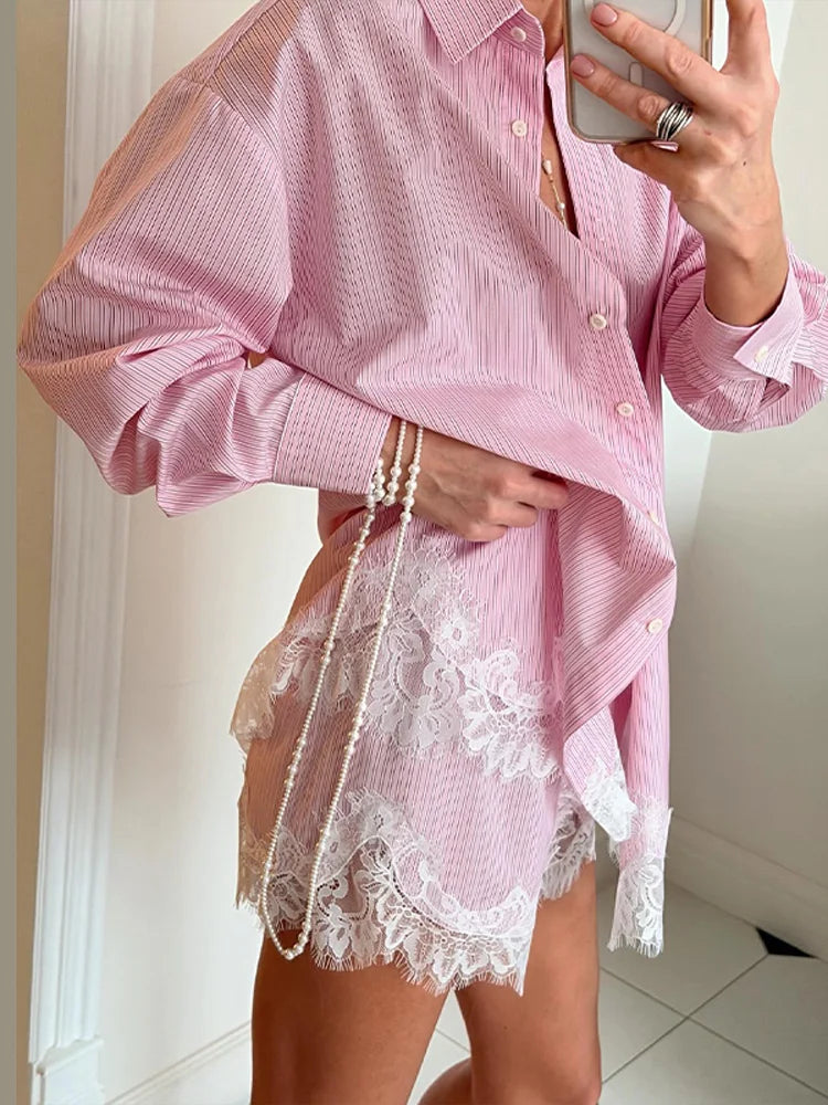 Casual Lace Patchwork Shirt Shorts Set